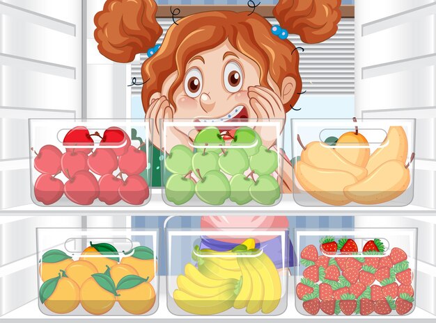 niña, mirar, alimentos, en, refrigerador