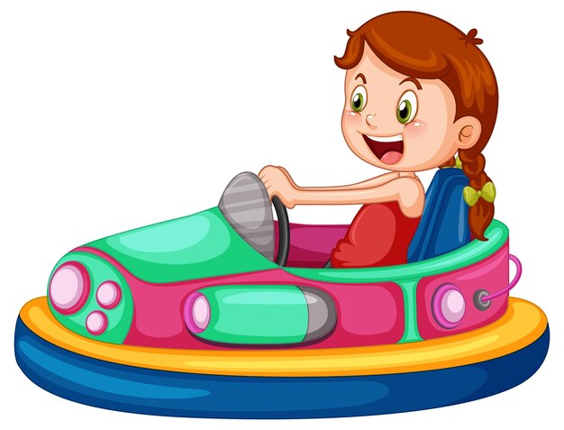 Una niña montando dibujos animados de coche de parachoques