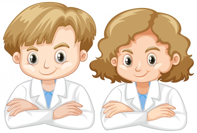 Niña y niño en bata de ciencia en blanco