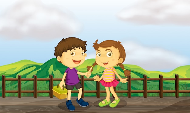 Vector gratuito niña y niño en el puente de madera
