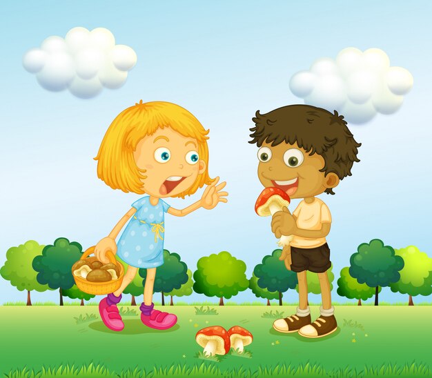 Una niña y un niño recogiendo hongos