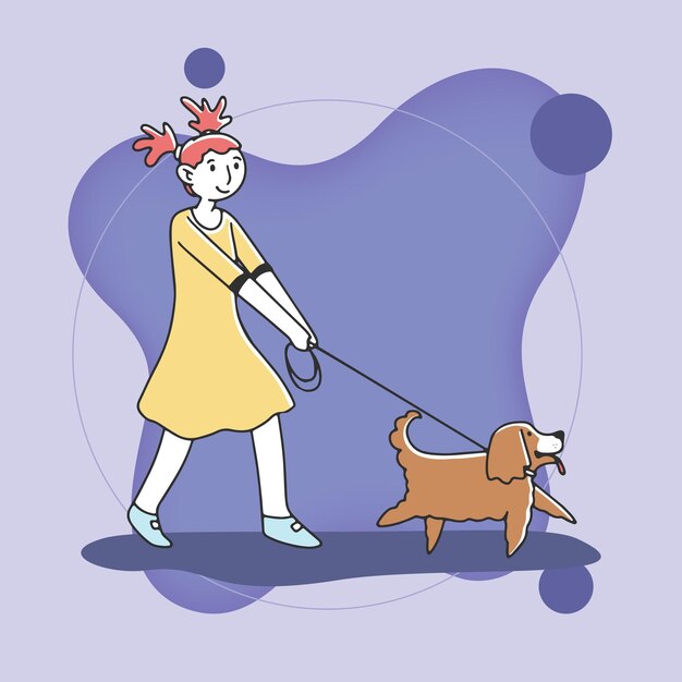 Niña con perro yendo a pasear ilustración vectorial plana