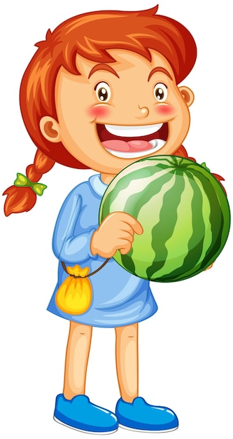 Una niña con personaje de dibujos animados de fruta de sandía aislado en blanco