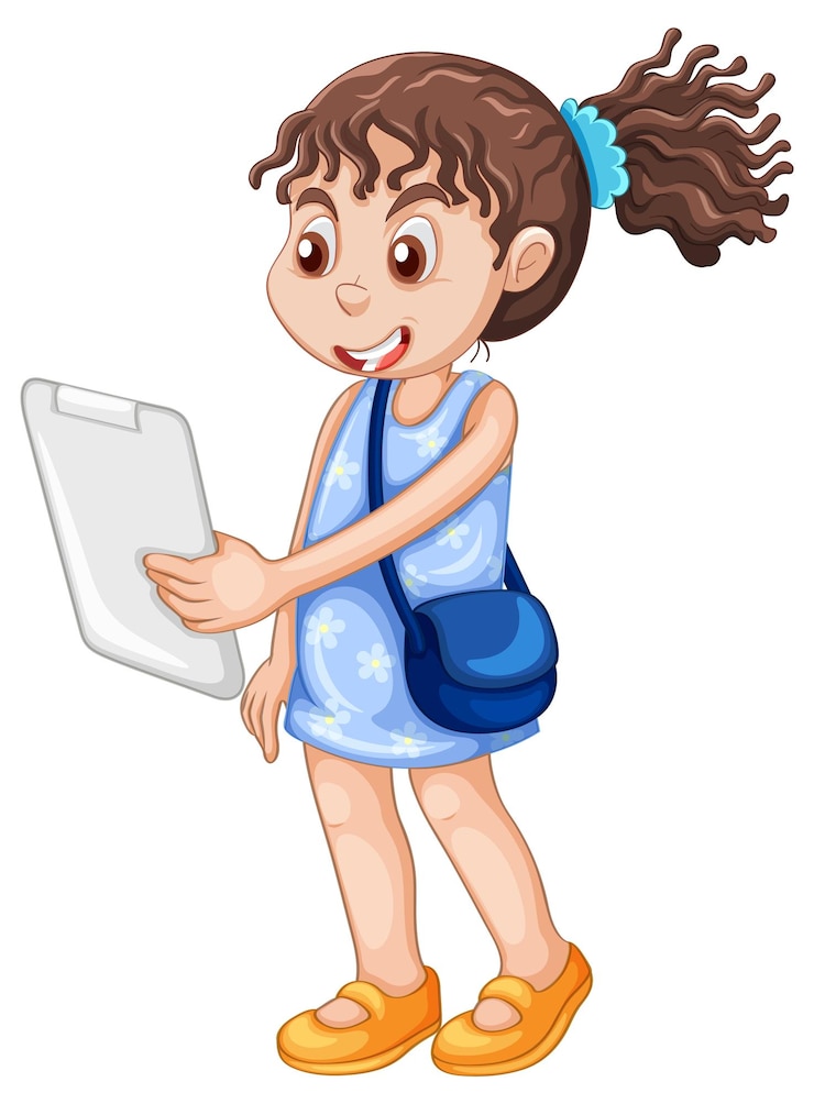 Vector gratuito una niña de pie en el suelo y sostenga el personaje de dibujos animados de la tableta o