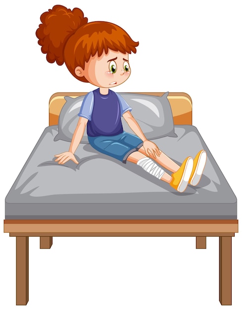 Vector gratuito una niña con la pierna lesionada llorando en la cama.