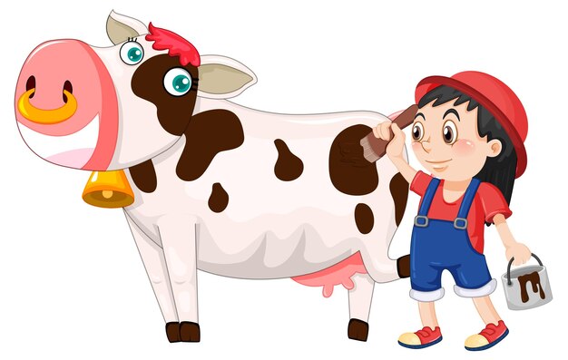 Una niña pintando en un personaje de dibujos animados de vaca