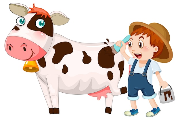 Vector gratuito una niña pintando en un personaje de dibujos animados de vaca