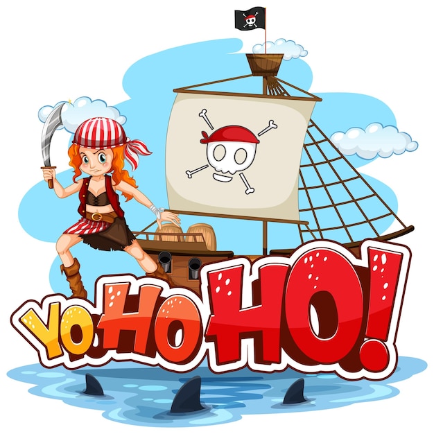 Vector gratuito una niña pirata de pie en el barco con un discurso de yo-ho-ho.