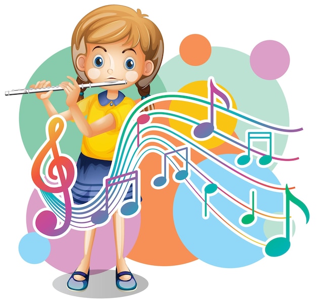 Vector gratuito una niña que sopla flauta con notas musicales sobre fondo blanco.