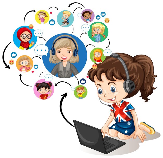 Una niña que usa la computadora portátil para comunicarse por videoconferencia con el maestro y amigos en blanco