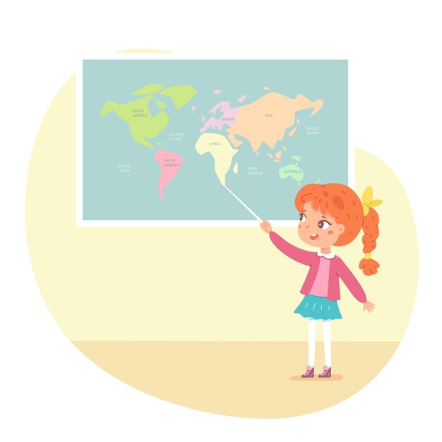 Niña respondiendo a la lección de geografía en clase Niña de pie y señalando el mapa con países y océanos con palo