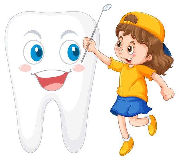 Una niña revisando el diente con un espejo dental en el respaldo blanco