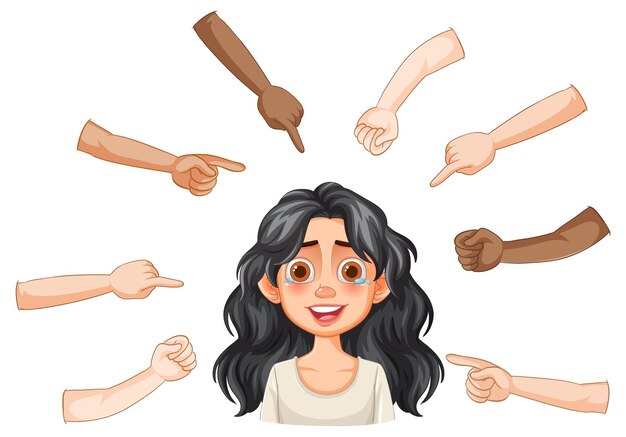 Niña rodeada de dedos que señalan