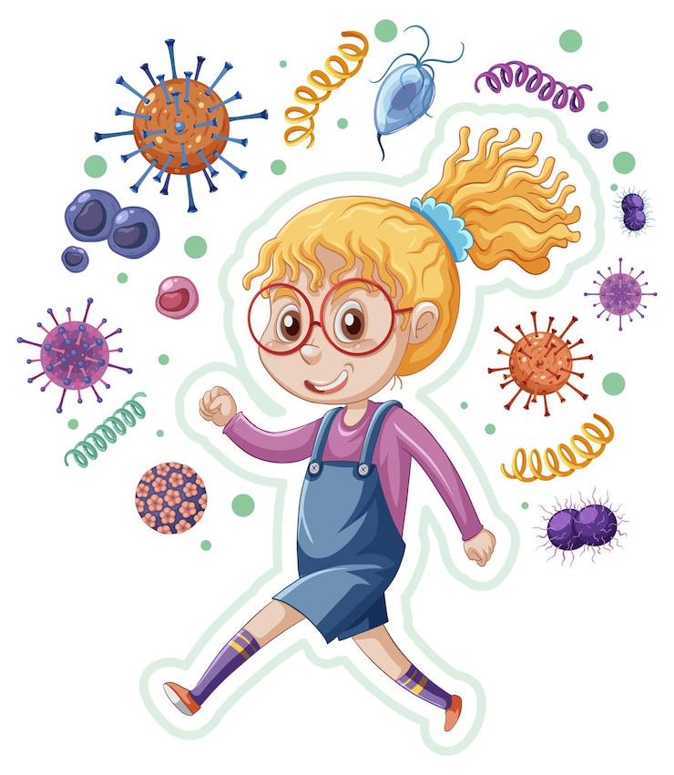 Vector gratuito una niña rodeada de gérmenes.