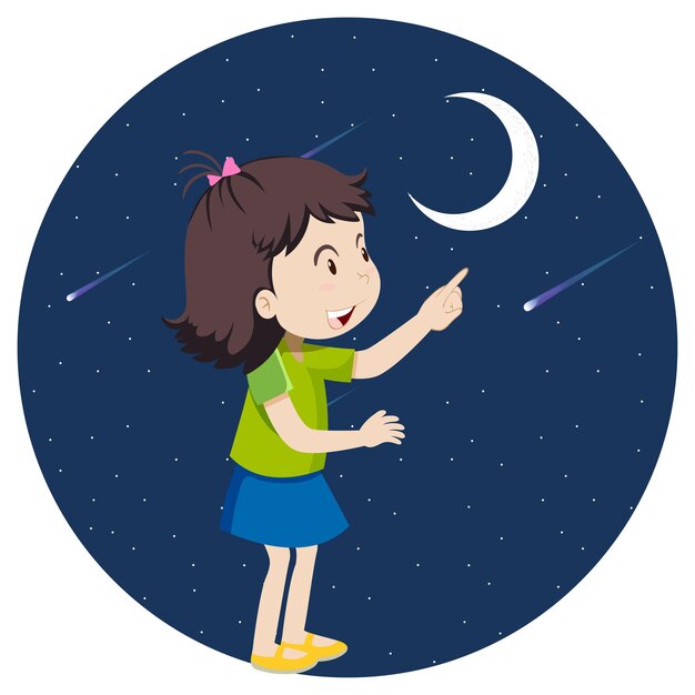 Una niña señalando con el dedo a la luna.