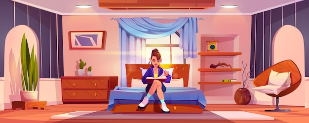 Vector gratuito niña sentada en la cama en el dormitorio leyendo un libro interior de casa de dibujos animados habitación luminosa y acogedora inundada de luz solar con muebles de madera ventana con cortinas decoración en estantes y planta en maceta