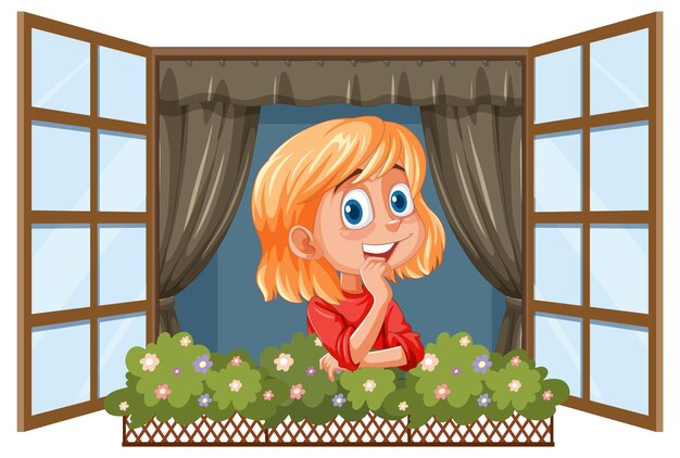 Niña sonriendo a la ventana abierta