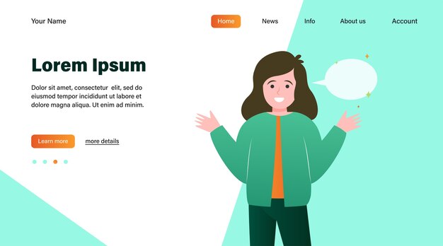 Niña sonriente y bocadillo vacío. Mano, hablando, conversación ilustración vectorial plana. Diseño de sitio web de concepto de comunicación y mensaje o página web de destino