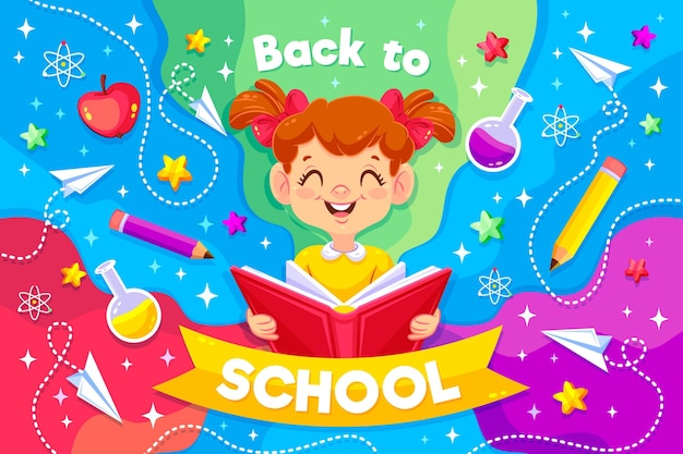 Niña sonriente ilustrada con mensaje de regreso a la escuela
