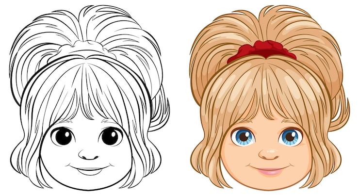 Vector gratuito niña sonriente con reverencia antes y después de colorear