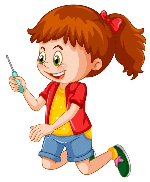 Una niña sosteniendo un destornillador sobre fondo blanco.