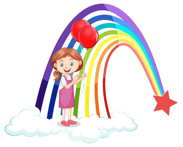 Una niña sosteniendo globos con arcoiris.