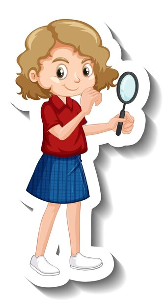 Una niña sosteniendo una lupa pegatina de personaje de dibujos animados