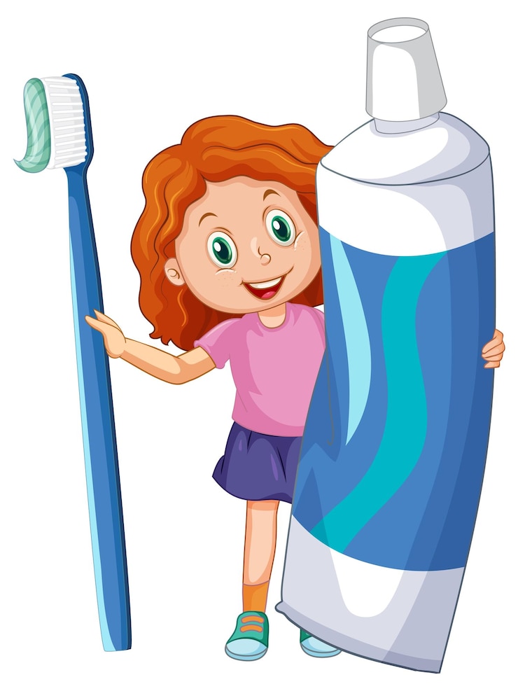 Vector gratuito una niña sosteniendo pasta de dientes y cepillo de dientes en centrico blanco