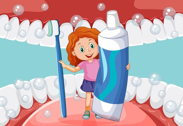 Una niña sosteniendo pasta de dientes y cepillo de dientes dentro de mou humano