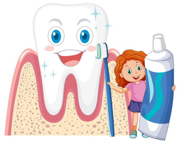 Una niña sosteniendo pasta de dientes y cepillo de dientes con dientes grandes o