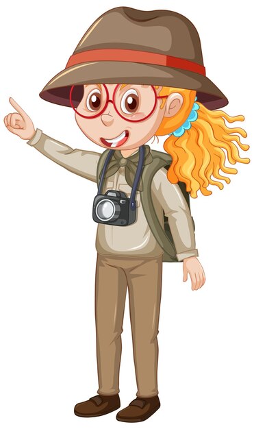 Niña en traje de camping con cámara y mochila.