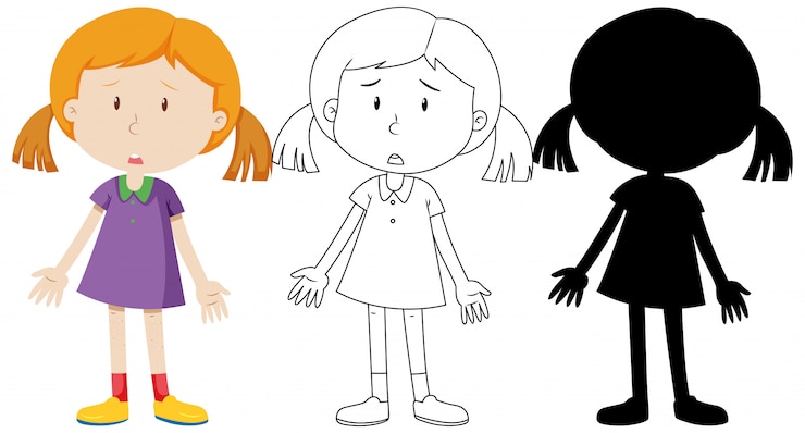 Vector gratuito niña triste con su contorno y silueta
