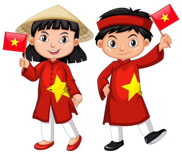 Vector gratuito niña vietnamita y niño en traje rojo