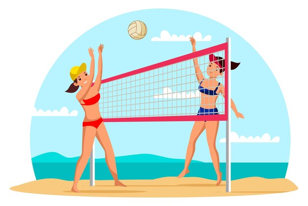 Niñas jugando voleibol de playa jugadores profesionales en personajes de ropa deportiva Entrenamiento en equipo ejercicio competencia amistosa concurso actividad deportiva recreación