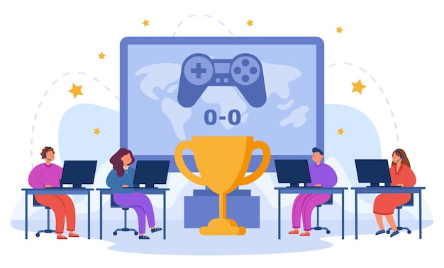 Vector gratuito niñas y niños compitiendo en deportes electrónicos por la copa usando pc. copa ganadora en la ilustración plana del campeonato de juegos