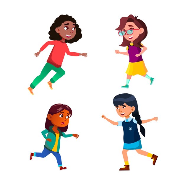Niñas Niños Corriendo Deporte Actividad Set Vector