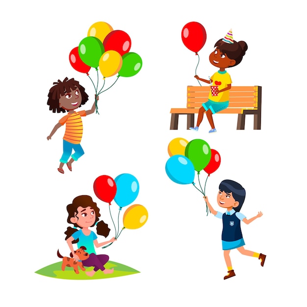 Niñas, niños, juego, con, globo, conjunto