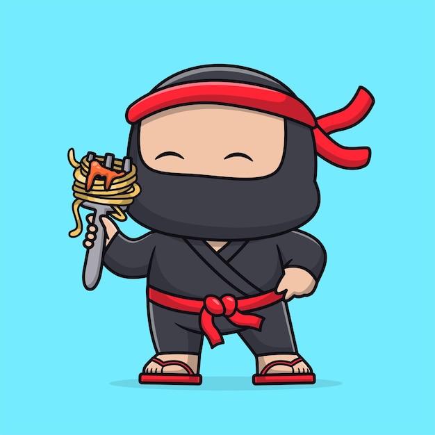 Vector gratuito ninja lindo comiendo espagueti con tenedor icono vectorial de dibujos animados ilustración de personas icono de comida aislado