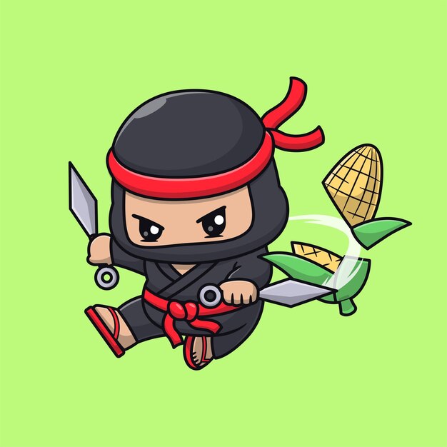 Ninja lindo cortando maíz con cuchillo Kunai Icono vectorial de dibujos animados Ilustración de personas Comida aislada plana
