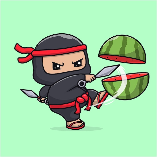 Ninja lindo Slash sandía con cuchillo Kunai Icono vectorial de dibujos animados Ilustración de personas Comida aislada