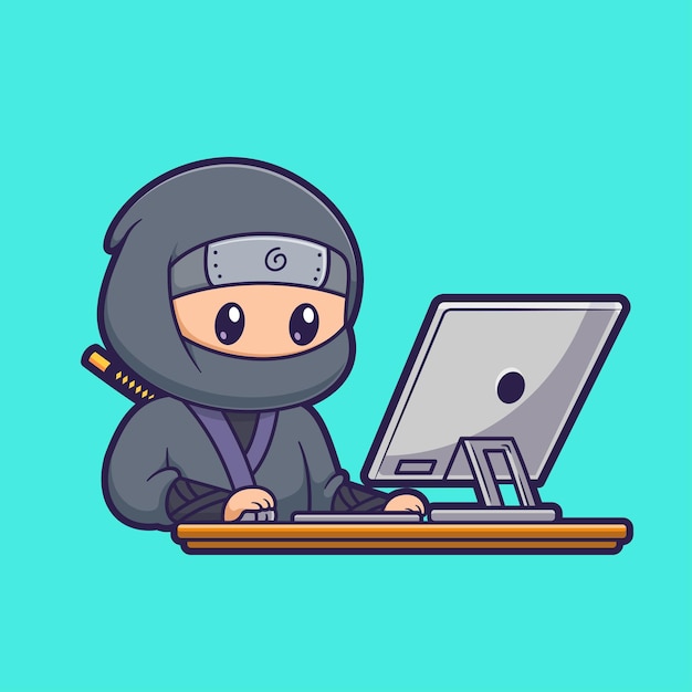 Vector gratuito ninja lindo trabajando en computadora dibujos animados icono vectorial ilustración gente tecnología aislada plana