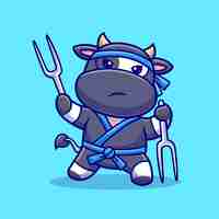 Vector gratuito ninja de vaca lindo sosteniendo horquilla espada icono vectorial de dibujos animados ilustración de animales vacaciones aislado plano