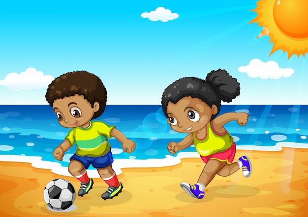 Niño africano y niña jugando al fútbol