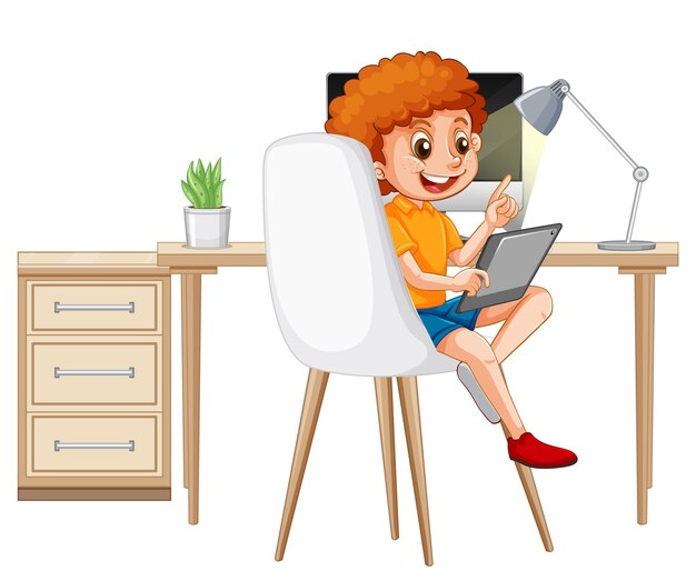 Niño aprendiendo desde casa en dispositivo electrónico