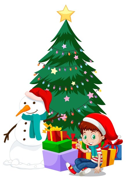 Un niño con árbol de Navidad y muñeco de nieve.