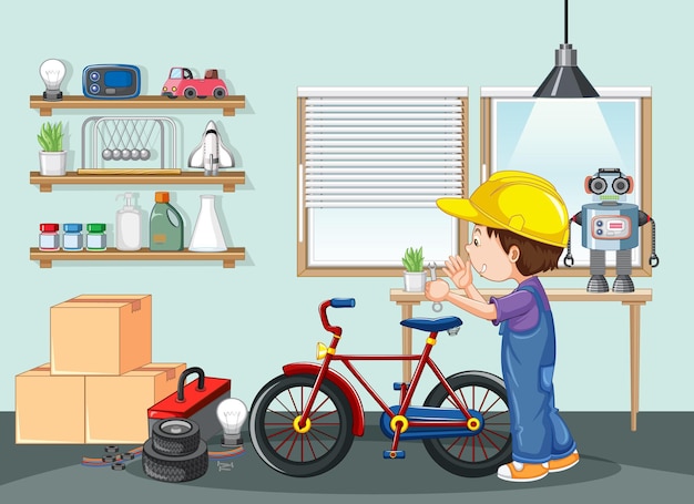 Un niño arreglando una bicicleta en la escena de la habitación.