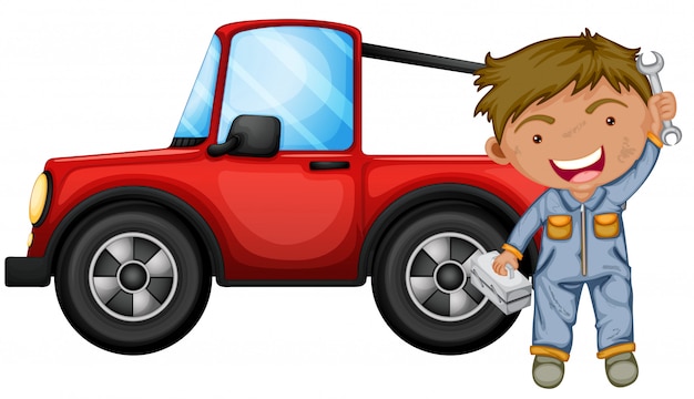 Un niño arreglando el jeep rojo