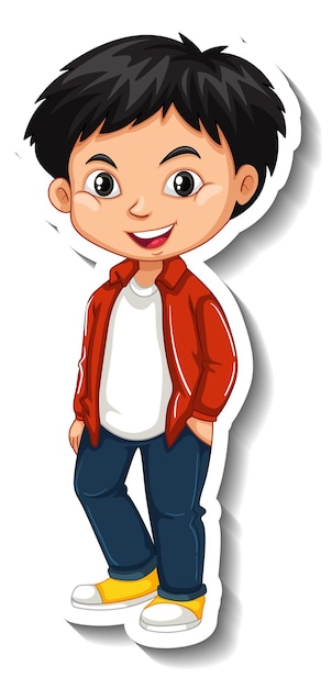 Vector gratuito un niño asiático usa una pegatina de personaje de dibujos animados de chaqueta roja