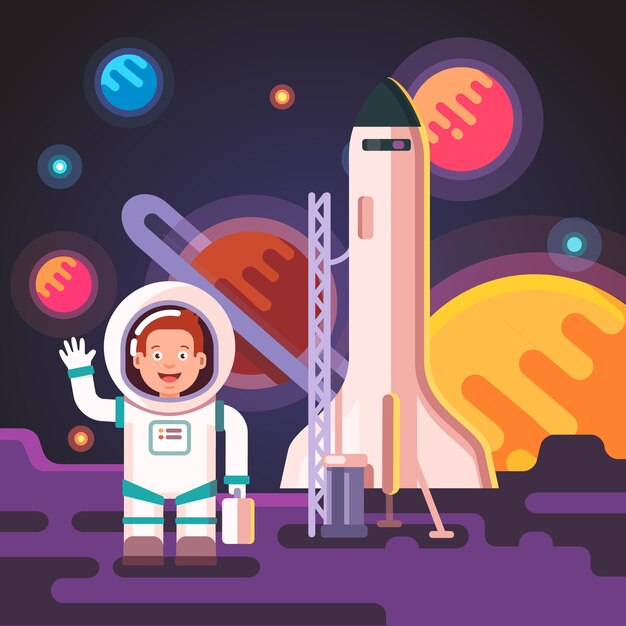 Un niño astronauta aterrizó en una luna o un planeta alienígena