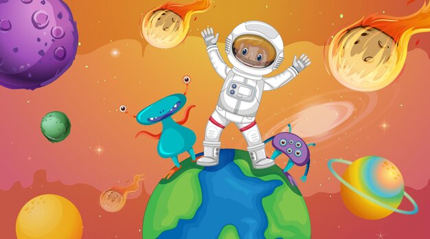 Niño astronauta con extraterrestres de pie sobre la tierra en la escena espacial